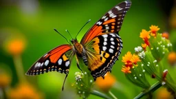 A close-up shot features a butterfly perched atop a cluster of flowers, set against a soft, blurred background. The butterfly has a striking pattern of orange and black spots on its wings, which are slightly open, revealing the intricate details of its structure. Its body is dark, and its antennae are thin and delicate. The flowers are a mix of yellow and green, with small, rounded petals. They are clustered together, creating a dense and textured surface for the butterfly to rest on. The stems