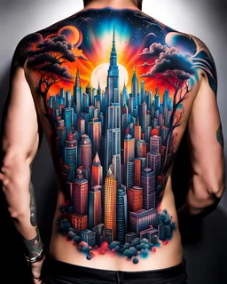 An amazing cityscape tattooed onto a human back in vivid and vibrant tattoo ink, detailed, intricate, perfect lighting.