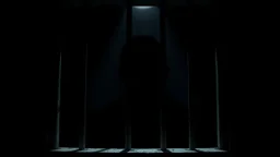 dark cinematic prison scene, parallel prison bars in window dominating the composition, behind the bars a human face siluette, the face completely obscured by darkness and shadow, identity unrecognizable, minimal cold light entering from above, oppressive atmosphere, existential symbolism, loneliness and isolation, brutal shadows, high contrast, realistic