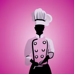 the silhouette of an italian chef with a chef hat on a light magenta background
