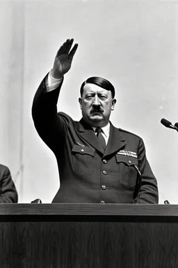 adolf hitler hält eine ansprache in 1945 und hebt die rechte hand mit dem gruß