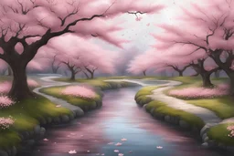 A serene cherry blossom park in full bloom with petals gently falling into a meandering stream.