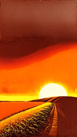 bottom 1/3 is ground, top 2/3 is sky, very dusty dirt path coming over a shallow hill with sunset in the prairies, horizon line is low in the composition, old western, painting based on grainy photo, orange brown tones