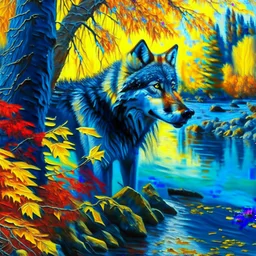 Oil painting of a wolf hyper-detailed hyper-realistic river trees complementary colors blue yellow red green 4k