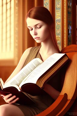 girl sitting in a church pew, reading the holy bible