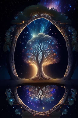 Cosmic Mirror Tree, A Spiritual Nexus Bridging Heaven, Earth, and the Universe, 4k, high resolution