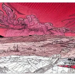  line Art coloured, destroyed, post apocalyptic, darkred tones,