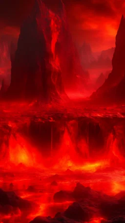 Lava lake in hell with land surrounding it, realistic close up