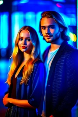 the genre is modern, a gorgeous couple, a beautiful woman model and actress, long hair, bright eyes and a beautiful man in modern clothes, he has blond hair, bright, expressive eyes, perfect facial features, he looks like a famous actor, a very beautiful favorite of all women, a full body, he stands tall, background bokeh