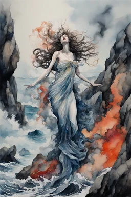 dramatic watercolor and ink composition, modern reimagining of the elegant yet sinister Siren water goddesses of Greek lore on craggy rocks in middle of rough ocean singing ships to destruction, color pop, dramatic, complex contrast, dynamic composition; masterpiece, repoussoir, sinister,