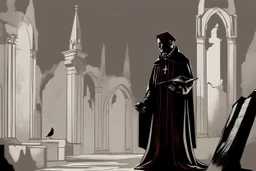 cardinal priest, reading, shadow, silhouette, gray background, medieval, illustration,