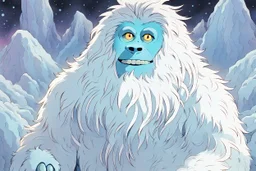 In a Studio Ghibli-inspired setting, a close-up portrait of the gender-neutral yeti, Dr. Yara 'Epi-Yeti' Yutani, highlights their kind, sparkling eyes and the silvery texture of their fur. The background subtly integrates artistic depictions of microbes and epidemiological concepts, representing their expertise and achievements.