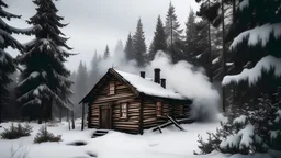 A small isolated log cabin nestled in a snowy forest clearing with smoke coming from the chimney