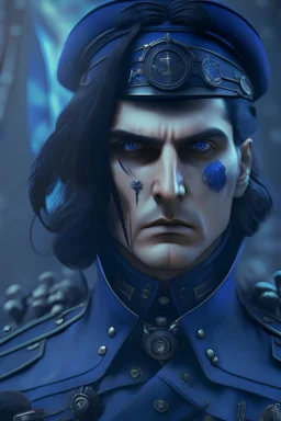 High Commander of a Dieselpunk utopia in a blue ww2 military dress, up close, fantasy, High details, realistic design, dark vibes, 8k, male, long black hair