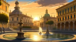Italian plaza with fountains and Renaissance architecture, cobblestone streets, golden sunset light, partly cloudy sky, classical oil painting style, realistic shadows and reflections