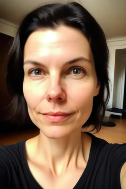 A selfie of a brunette woman, middle short hair taken after massage at spa salon. showing attractive 27-year-old European woman. She has white skin, tousled black hair, pretty face without makeup, big round brown eyes, cute profiled nose, detailed full lips, skin texture.