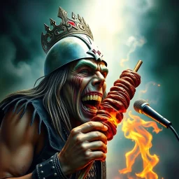 make an album cover of Eddie from the Iron Maiden hardrock band, he is eating a big kebab in heaven