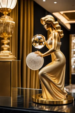 A magnificent cristal and gold heart-shaped sign adorned with a stunning berliant sphere encrusted with sparkling diamond clusters at its center, elegantly spinning in position,a golden Statue of a girl in standing pose,wearing 1960 clothing