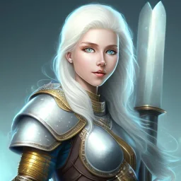 D&D character, female, cleric, platinum blonde hair, gold eyes, smile, teal armor