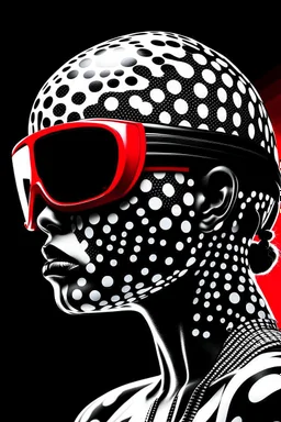 woman with red paint on full face, black round sunglasses, black and white swimming cap on head, black turtleneck, side view by joe scott , afrofuturism, futuristic, pop art, geometric, bizarre, surreal