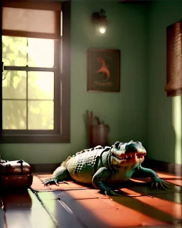 Room scene with alligator sleeping, Wes Anderson styler, realistic image, concept art, smooth, unreal engine 5, god lights, ray tracing, RTX, lumen lighting, ultra detail, volumetric lighting, 3d.