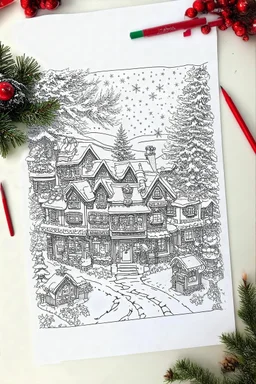 coloring page of a Christmas drawing, A4, white background, black and white, magical style, dreamy, detailed, easy drawing, christmas village