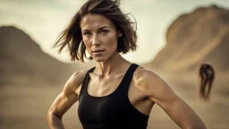 beautiful slender caucasian female technician, black tank top, well toned muscles, weathered face, scratched sand camo metal details, short brunette wavy bob haircut, dystopian, desert scene, being hit by a bullet, explosions in background