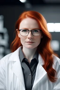 woman with red hair, wearing glasses and a lab coat