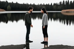 An image of two people exchanging criticism in a constructive and respectful manner, standing on the ground with a lake behind them