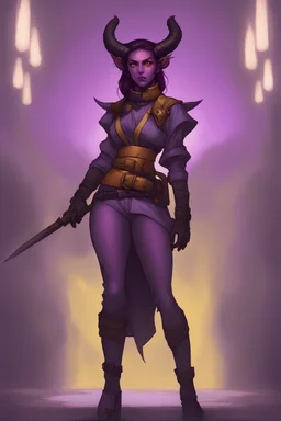 Purple-skinned female tiefling in milltary attire with glowing yellow eye