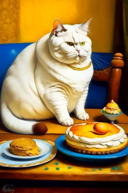 Painting of a white fat cat eating chocolate cheescake.