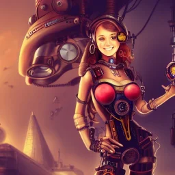 great illustrator, spanish, realistic rendering of a cute girl, beautiful, steampunk syle, aquarello. Helmet with tubes. smiling. Machinery in the background. robotic bird flying. High details. 4k. unreal engine