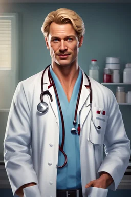 Mid-thirties, Caucasian male doctor, kind smile, blonde hair (slightly disheveled) blonde mustache, pale blue eyes, broad shoulders, muscular, six foot, Hawaiian shirt under white lab coat with bloodstains at the edges. Strong Jaw line, photo realistic