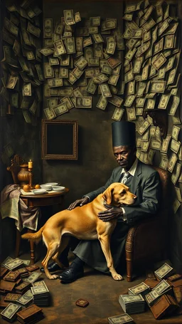 Bosch painting style nightmare, a rich man surrounded by a walls of money , sitting alone with his old dog and a black servant serving thim
