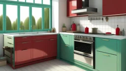 kitchen with celadon red furniture, on the left side by the window from the bottom up, a microwave and an oven installed in the furniture, and on the right side and next to it an induction hob and a cooker hood above it, on the right side there is a sink and a dishwasher underneath it