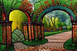 open iron gates made of colorful stained glass, covered in vines, trees, very large entry leading to a lush garden, see lot details in the garden, photo realistic 4k, nature, beautiful hand laid checkered pattern stone walkway path, trending on artstation, sharp focus, studio photo, intricate details, highly detailed, by greg rutkowski