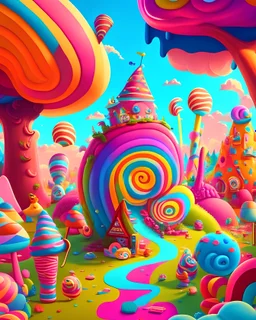 A whimsical candy land filled with oversized sweets, colorful landscapes, and playful characters, in the style of children's book illustrations, bold colors, imaginative scenery, 8K resolution
