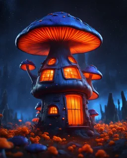 An illogical floating mushroom house on a clear moonless night. . Bright Bold Bright Colors, orange blue white, Starry Dark cosmic interstellar. Detailed Matte Painting, deep color, fantastical, intricate detail, splash screen, hyperdetailed, insane depth, concept art, 8k resolution, trending on Artstation, Unreal Engine 5, color depth, backlit, splash art, dramatic, High Quality Whimsical Fun Imaginative Bubbly, perfect composition