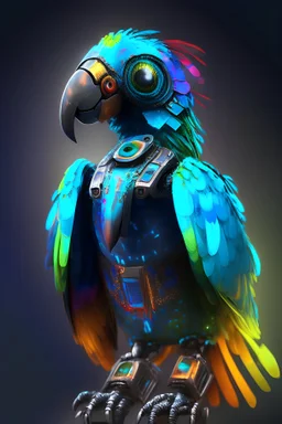 colorful robot parrot with blue glowing eyes