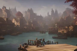 Wooden medieval fantasy docks in poor village, daytime, light shafts, adventurers, trees, bustling