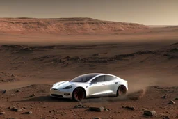 A Tesla 'Model S' is drifting at high speeds, at the Cydonia region on Mars. (CINEMATIC, WIDE ANGLE LENS, PHOTO REAL)