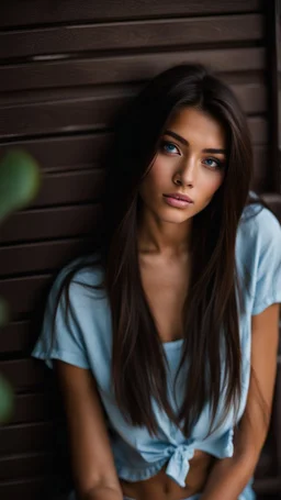 pretty18 year old girl with olive skin and long chocolate brown side-swept hair. Blue eyes. wearing lacie underwear