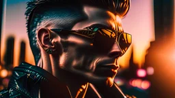 face portrait of a suave bounty hunter cyborgwith black sunglasses relaxing outside a club. sunset. intricate details. Big city background. photo real. reflections. 8k. subtle light streaks