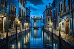 Beautiful photo realistic scene of a canal in Venice, dark night, streetlights, realistic, professional award winning oil on canvas, extremely detailed, high definition, elegant,