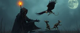 ninja necromancer in the wild, raising glowing raven furry as hell skeleton rat babies