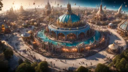 Wide-angle photorealistic fantasy city of unearthly delights in the multiverse