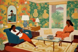 A painting of two women in a living room with vivid wallpaper by artist "Lois Mailou Jones"