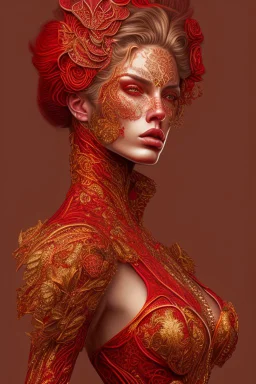 female, red and gold tones, insanely detailed and intricate, hypermaximalist, elegant, ornate, hyper realistic, super detailed, by Pyke Koch