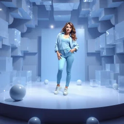 make a picture pretty stage made of crystal cyan-gray teme 3d fractal recursive cubic and sphere base structures and a beautiful fashion model lady posing with cute,with blue teme Chic style pants with a tight shirt and jacket,sport shoes ,makeup curvy long hair,dynamic camera zoom to full body and pan, dynamic lights.