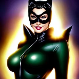 ultra detailed fullbody portrait of busty beautiful Catwoman, extremely detailed digital painting, intrincate, extremely detailed smiling face,crystal clear Big Green eyes, in the style of Ohrai Noriyoshi and robert e howard and pablo oliveira and Ken Kelley and Keith Parkinson,mystical colors,perfectly centered image, perfect composition, rim light, beautiful lighting,8k, stunning scene, raytracing